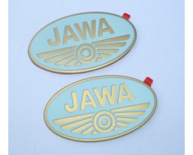 SAMOLEPKY 3D - JAWA - PÁR - TYRKYSOVÝ PODKLAD, ZLATÝ TEXT (INDICKÁ VÝROBA, UNI DÍL)